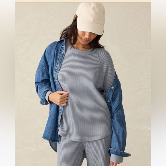 FAHERTY LEGEND WAFFLE LAYERING CREW Gray Blue Color XS - Picture 2 of 8